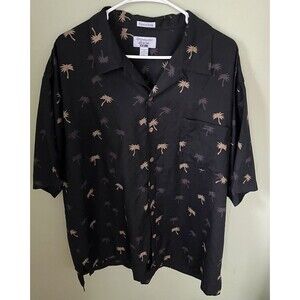 Weekender Men's Silk Casual Tropical Button Down Shirt Black/Tan Palm Trees XL
